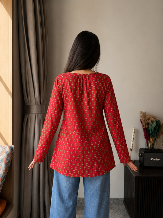 REEVA RED STRAIGHT SLEEVES KURTI