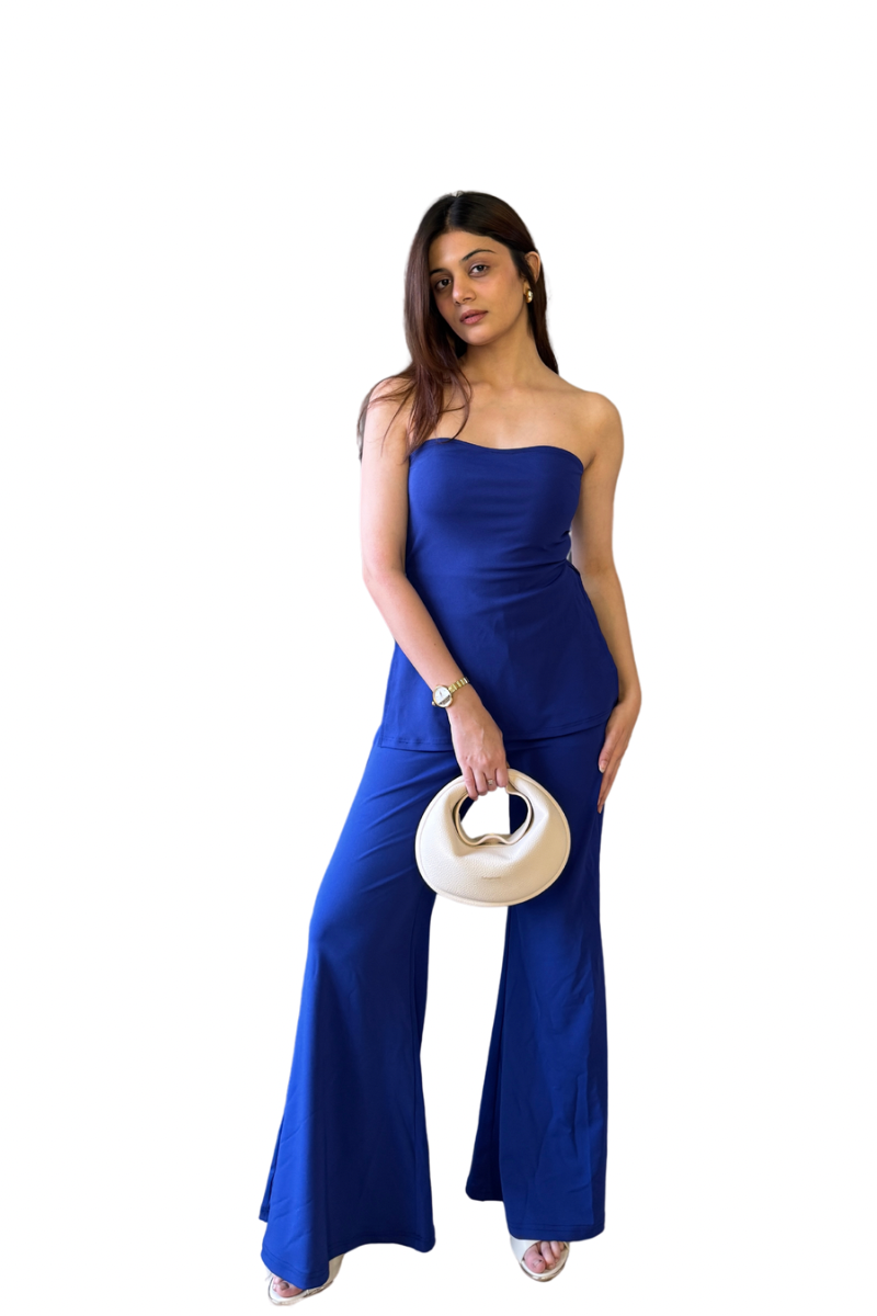 Blue Bandeau Top With Bell Bottom Pant