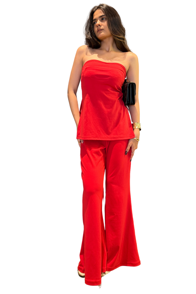 Red Bandeau Top With Bell Bottom Pant