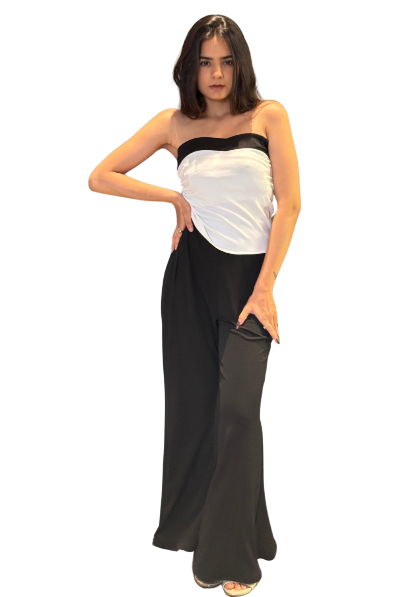 Dual Tone Bandeau Top With Bell Bottom Pant (White/Black)