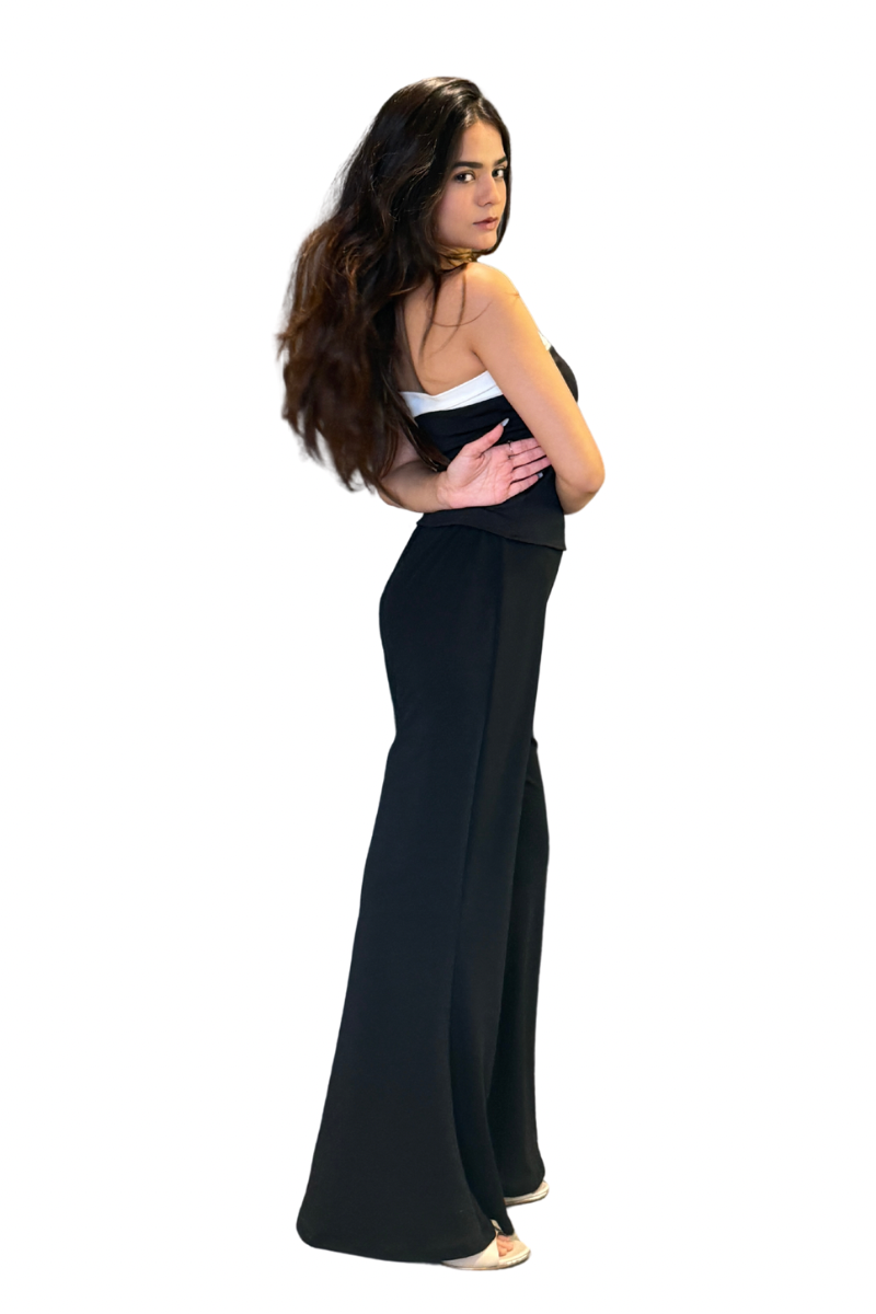 Dual Tone Bandeau Top With Bell Bottom Pant (Black/White)