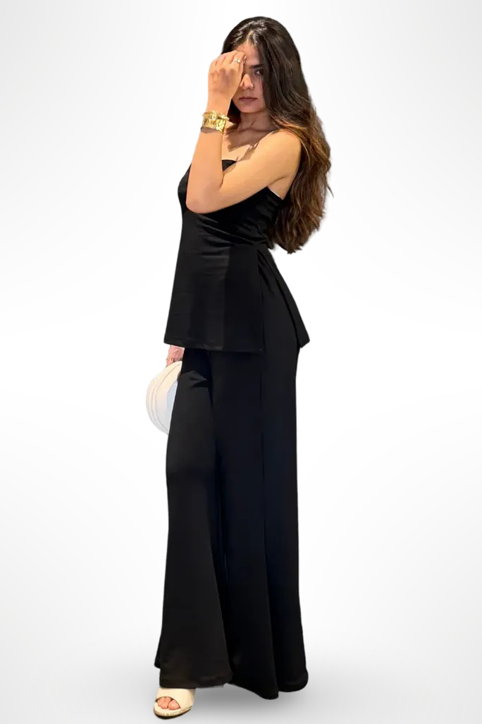 Black Bandeau Top With Bell Bottom Pant