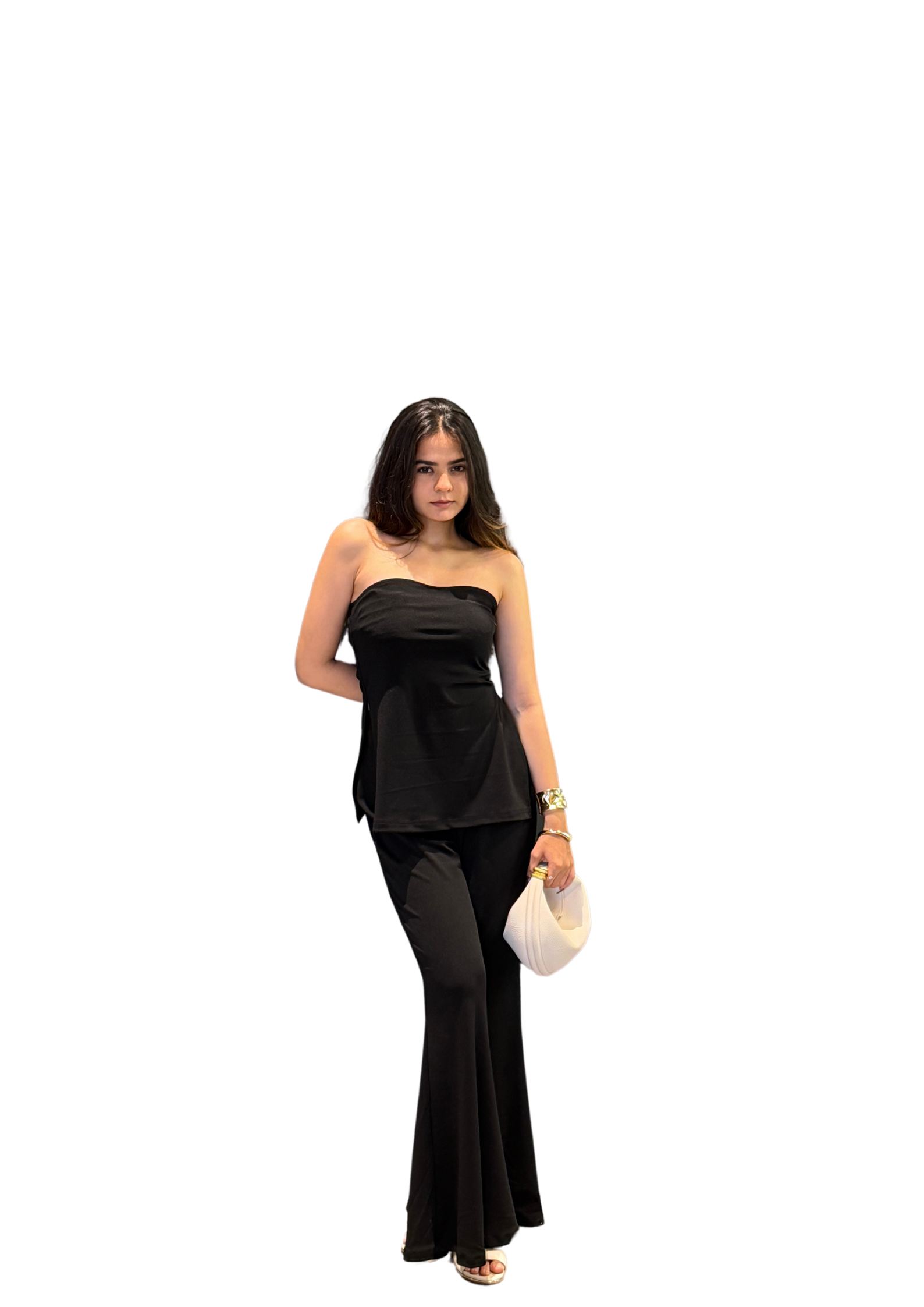 Black Bandeau Top With Bell Bottom Pant