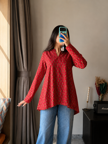 REEVA RED STRAIGHT SLEEVES KURTI