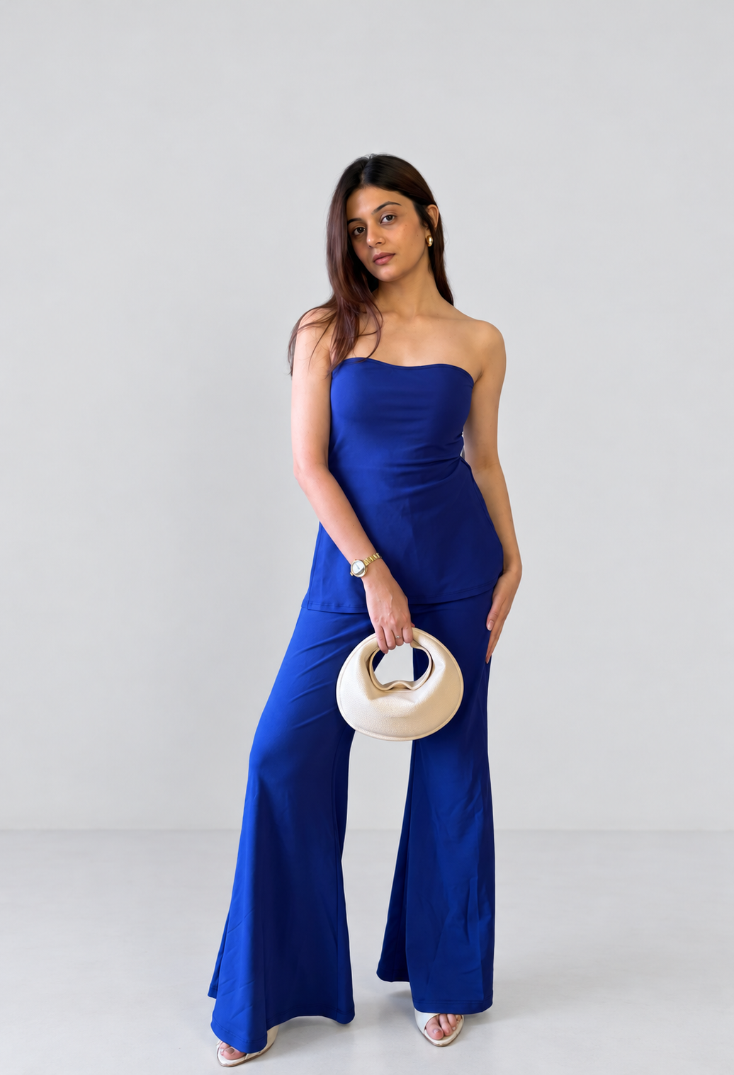 Blue Bandeau Top With Bell Bottom Pant