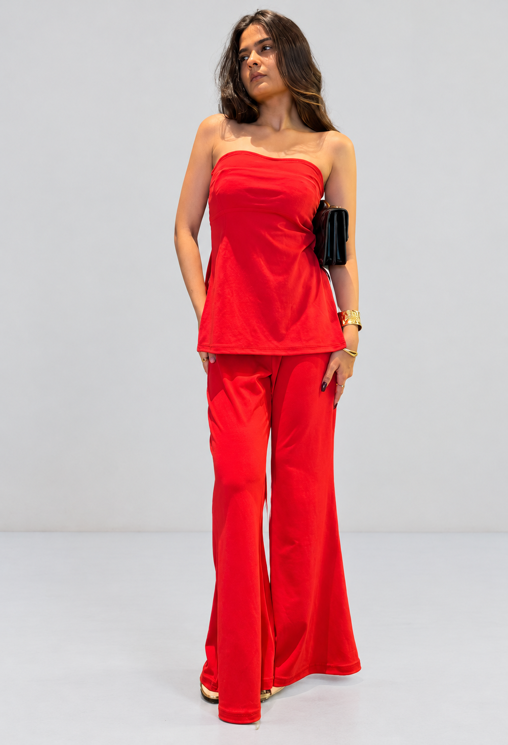 Red Bandeau Top With Bell Bottom Pant