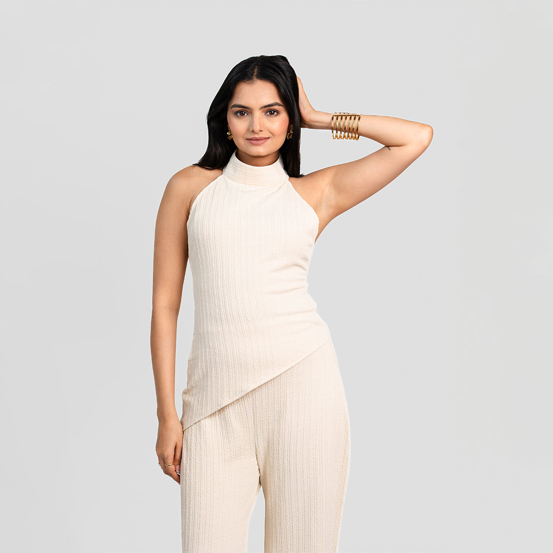 Ivory Asymmetrical High-Neck Co-ord Set