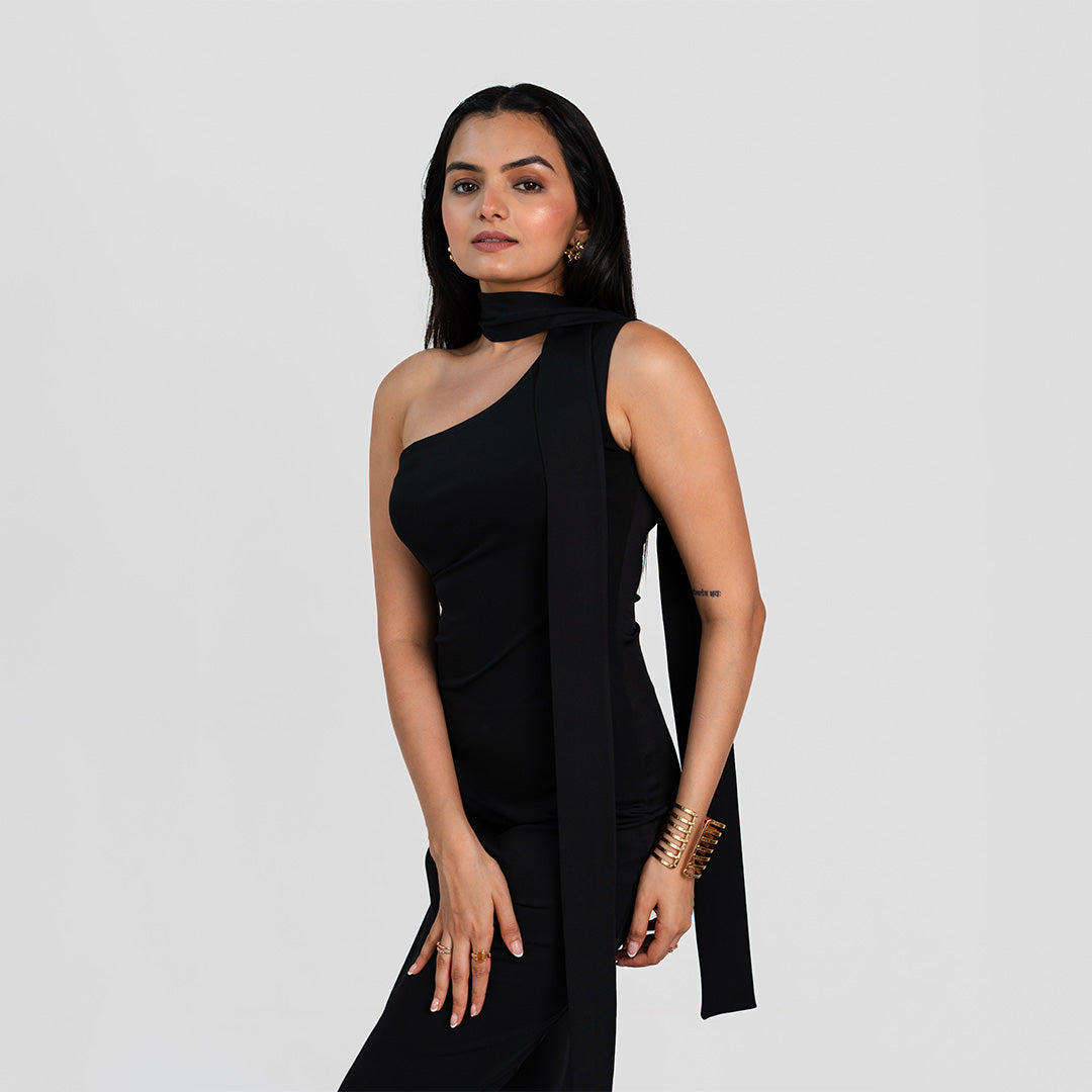 Black One-Shoulder Dress With Scarf