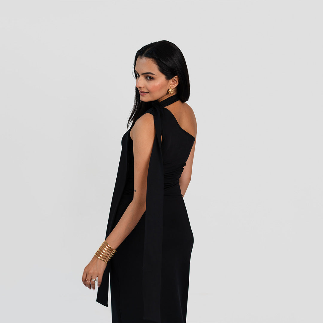 Black One-Shoulder Dress With Scarf