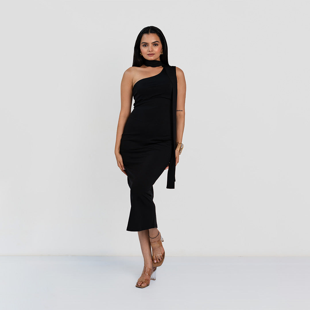 Black One-Shoulder Dress With Scarf