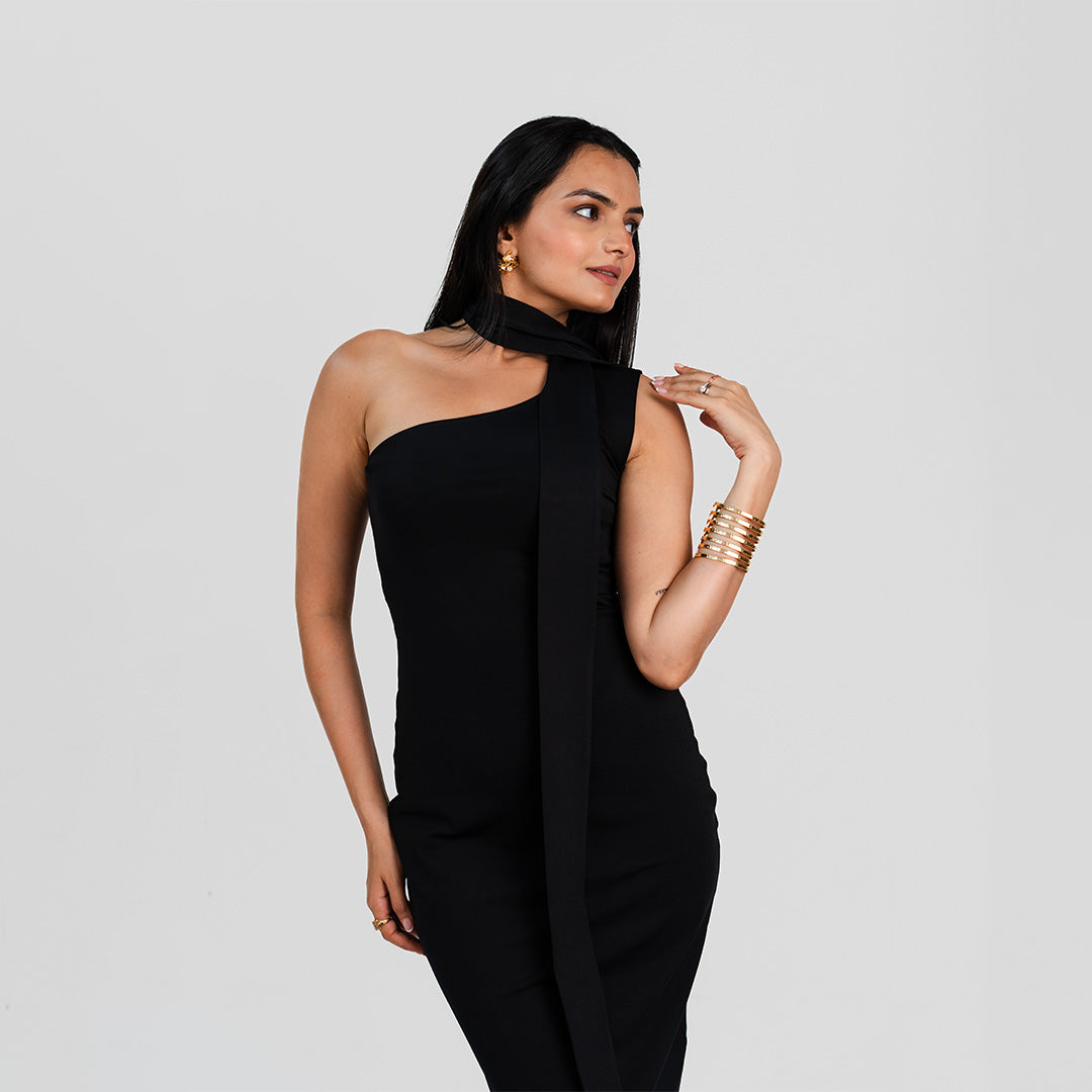 Black One-Shoulder Dress With Scarf