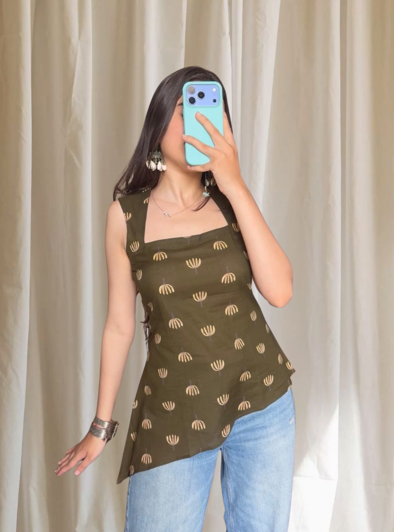 Brinda Tie-Back Kurti- Olive