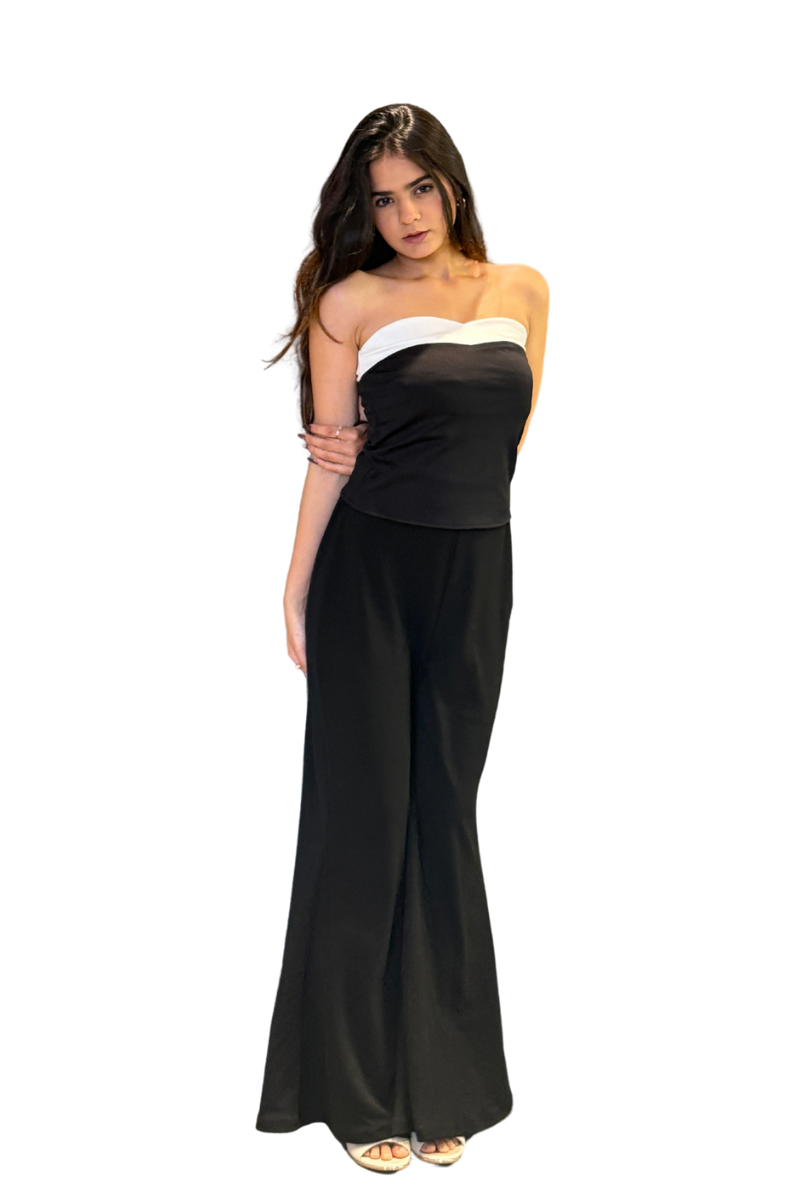 Dual Tone Bandeau Top With Bell Bottom Pant (Black/White)