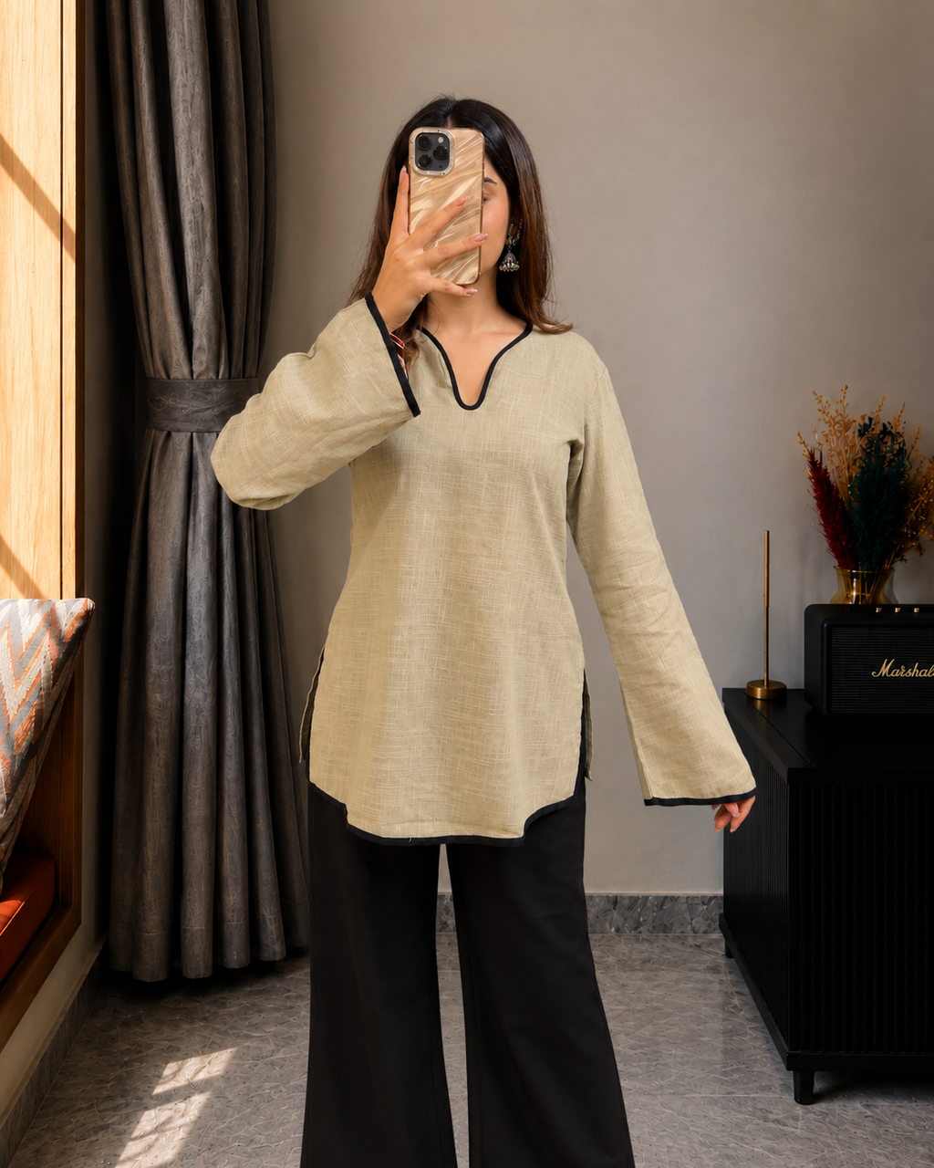 Ishika Asymmetrical Neck Sage Beige Kurti