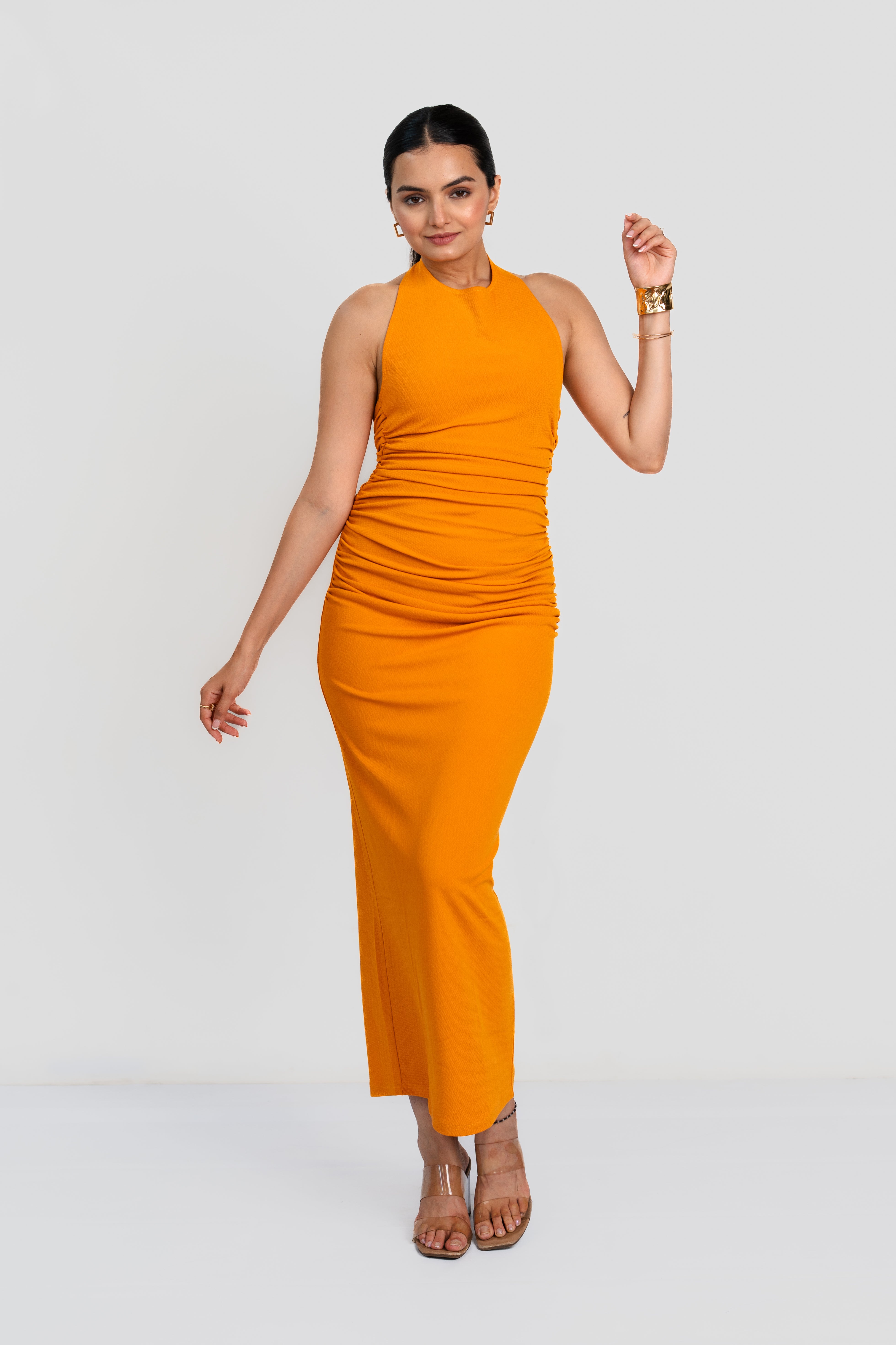 Tangerine Ruched Halter Backless Dress