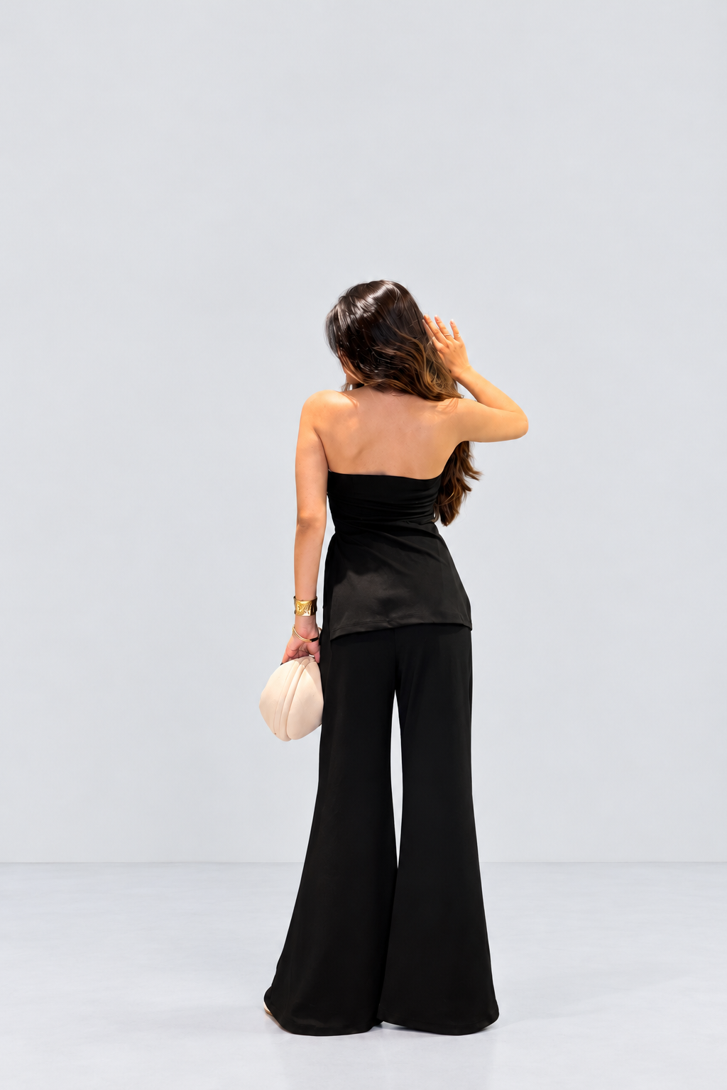 Black Bandeau Top With Bell Bottom Pant