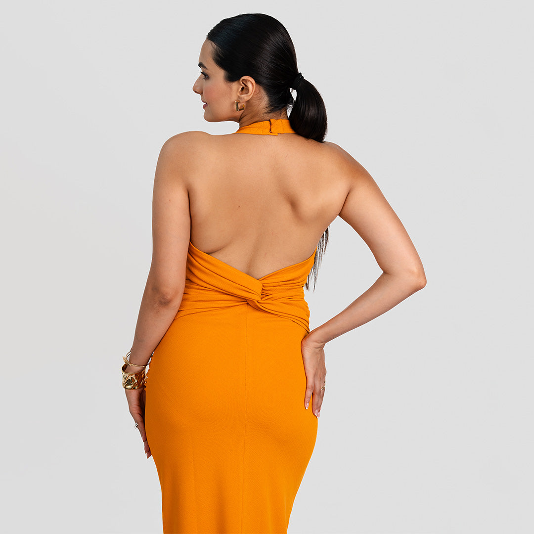 Tangerine Ruched Halter Backless Dress