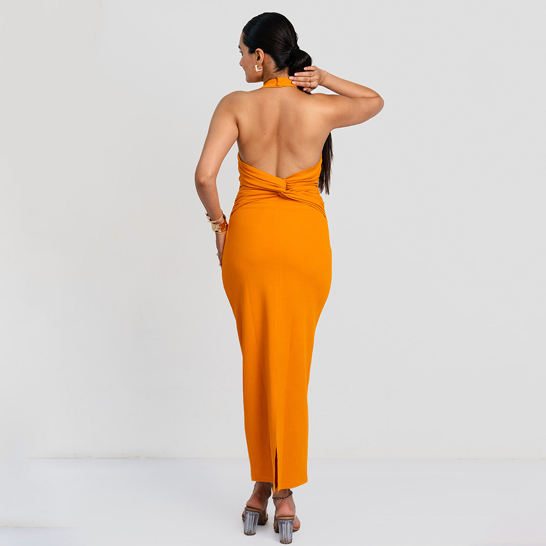 Tangerine Ruched Halter Backless Dress