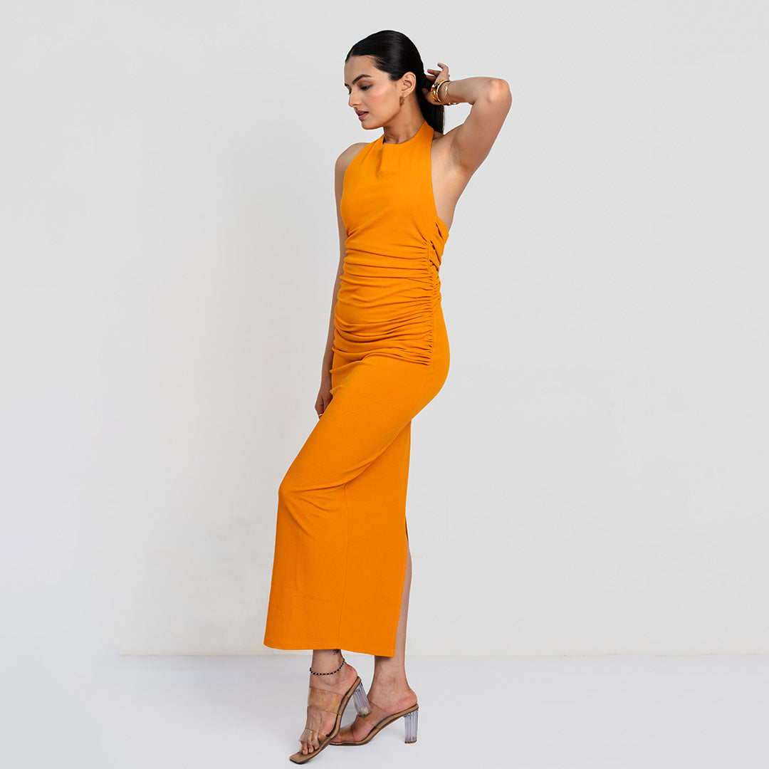 Tangerine Ruched Halter Backless Dress