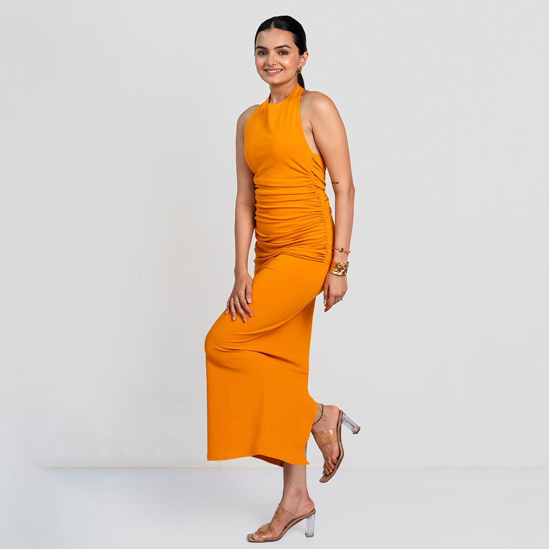 Tangerine Ruched Halter Backless Dress