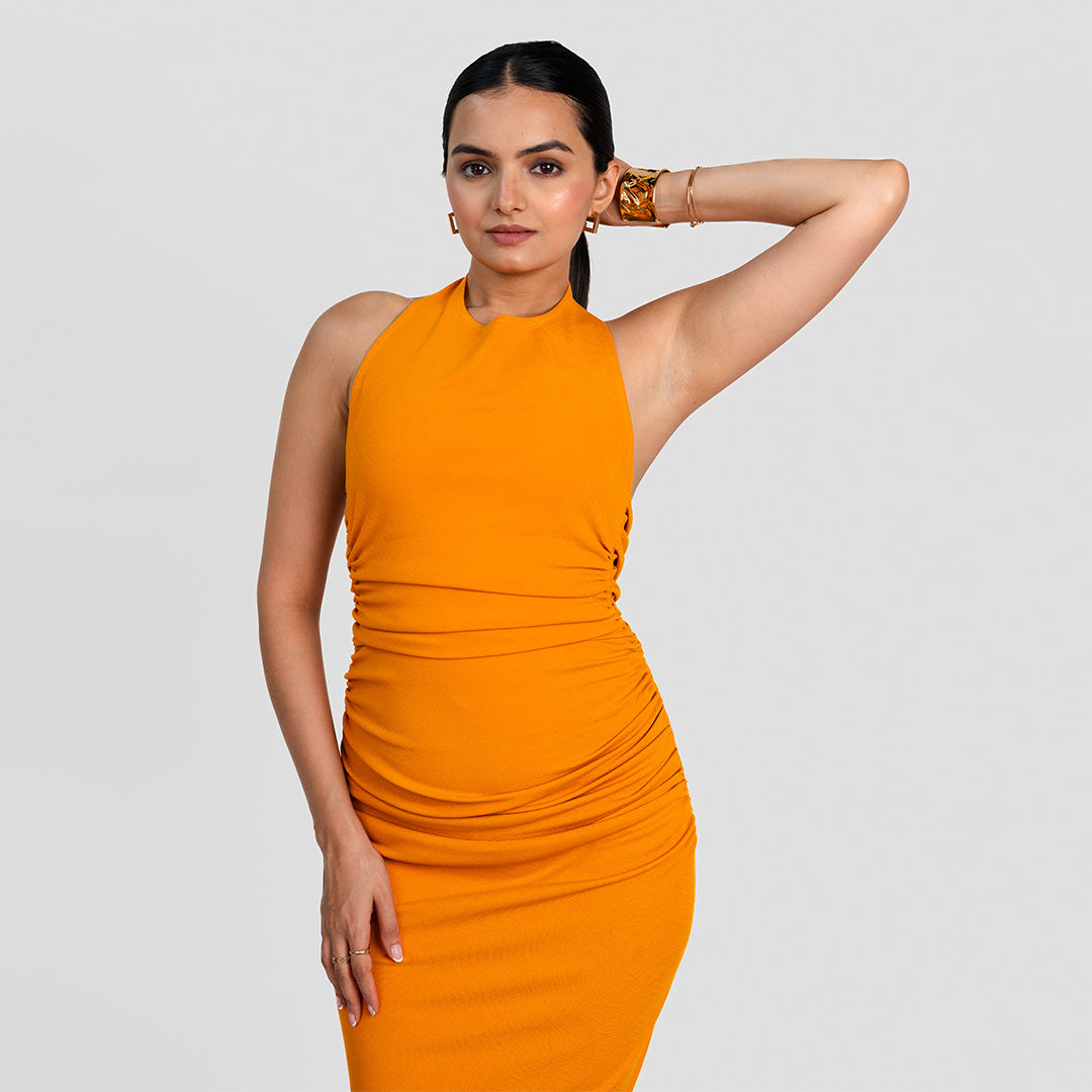 Tangerine Ruched Halter Backless Dress