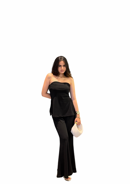 Black Bandeau Top With Bell Bottom Pant